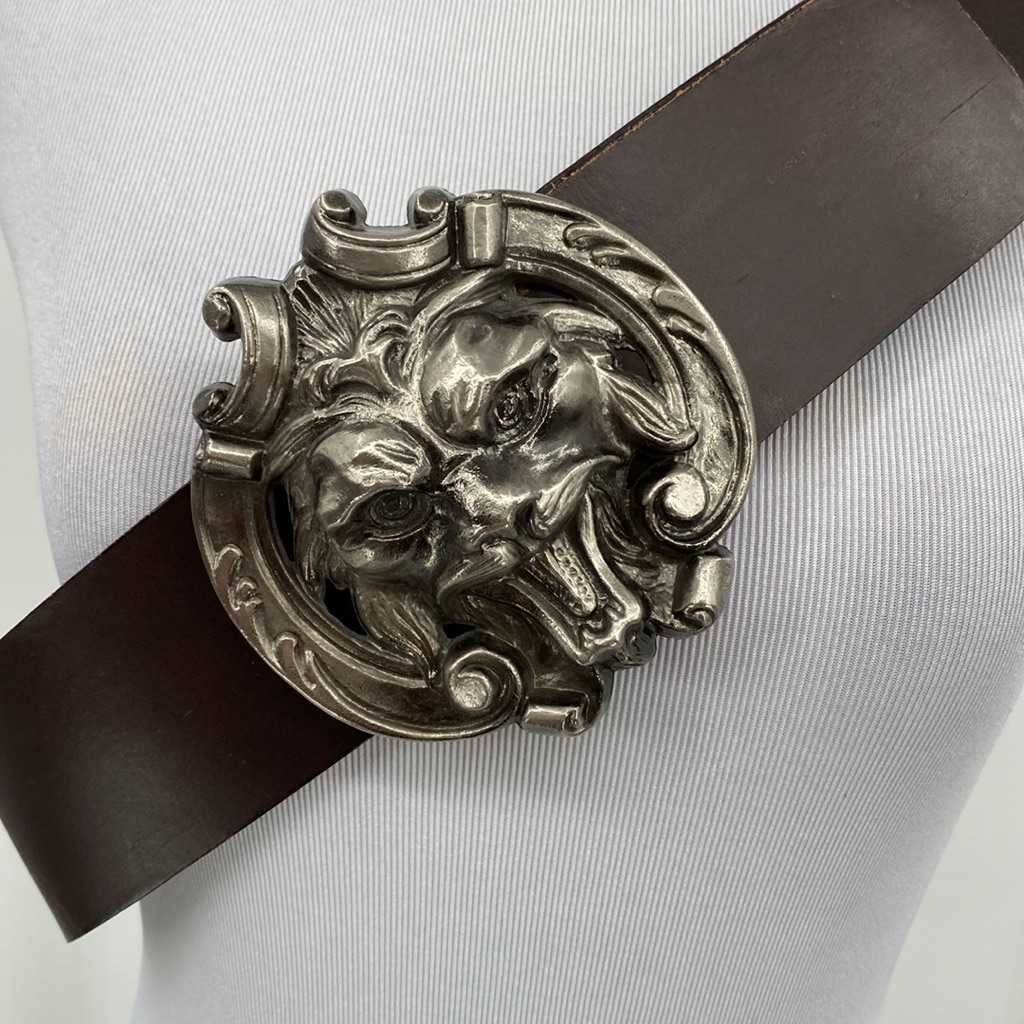 Vintage J.S.S. Elche Belt Face Brown Silver Leather Large Metal Buckle Dragon